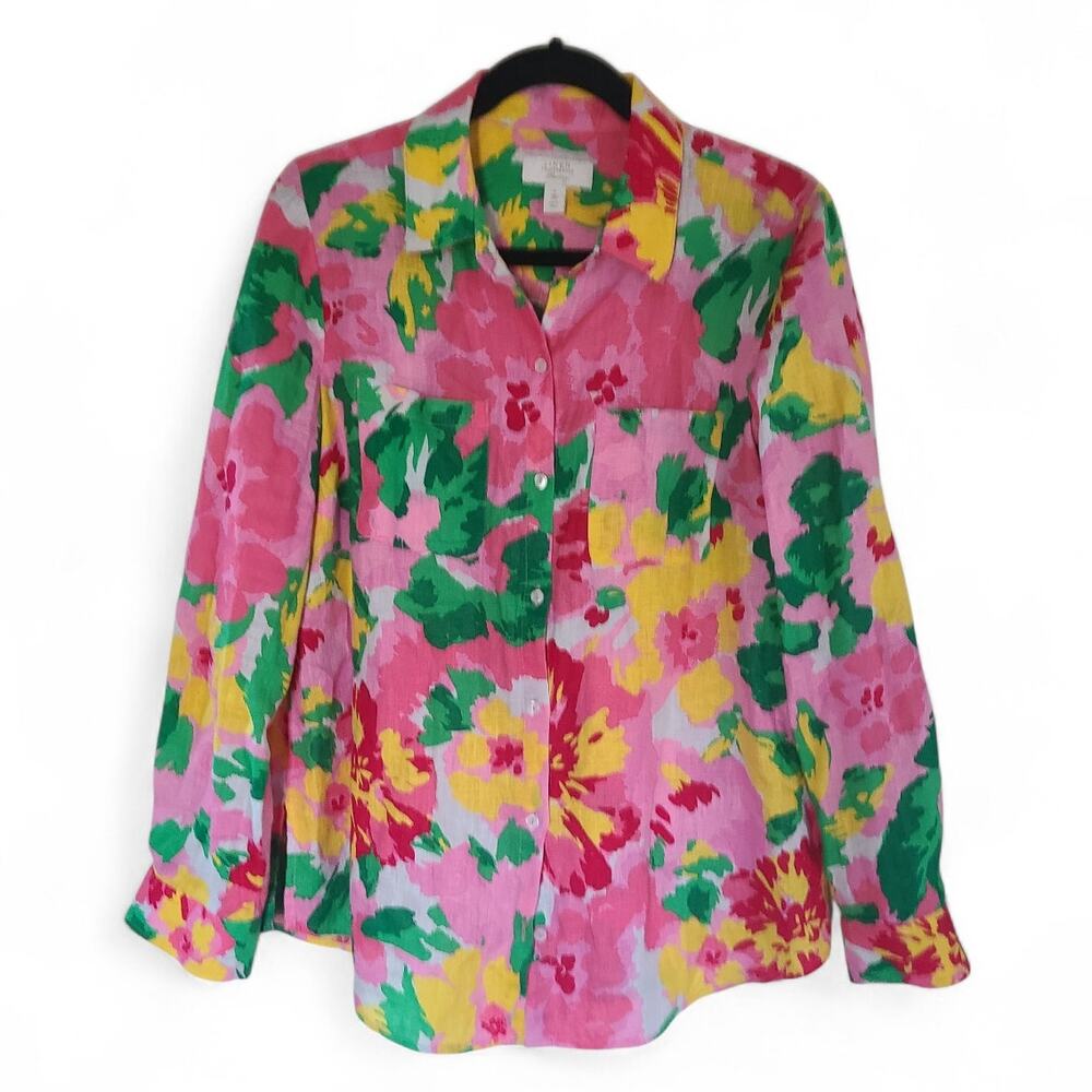 Charter Club Luxury 100% Linen Floral Button-Front Shirt Roll-Tab Sleeves M